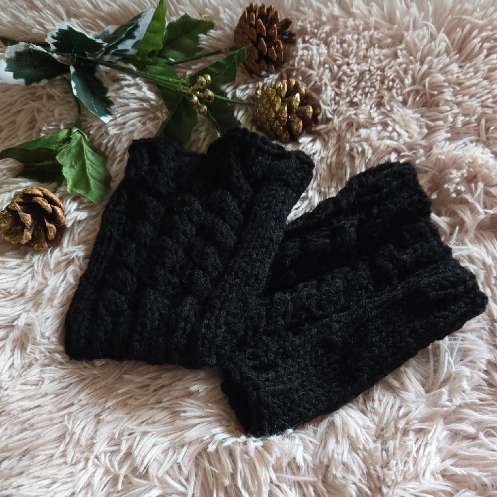 NEW Black Handknit Knit Cable Pattern Boot Toppers Handmade One Size Adult Teen